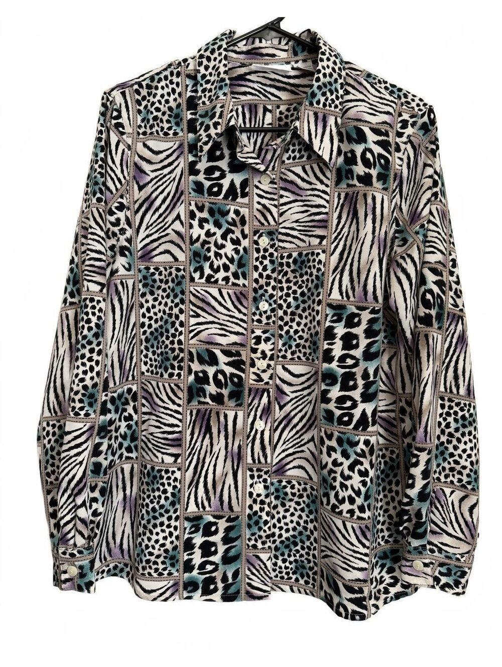 Alfred Dunner Women's Button Down Blouse Size 14 Animal Print Retro Indie Work
